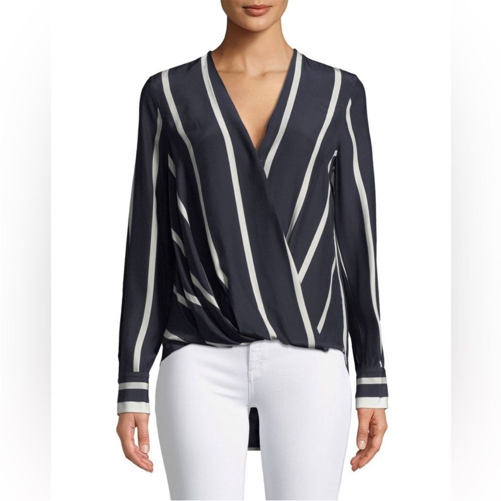 $350 RAG & BONE Victor Wrap Surplice Silk Top, Navy and White Stripe, S